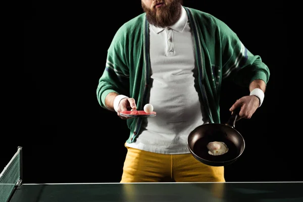 Cropped Shot Tennis Player Holding Tennis Equipment Frying Pan Egg — Free Stock Photo