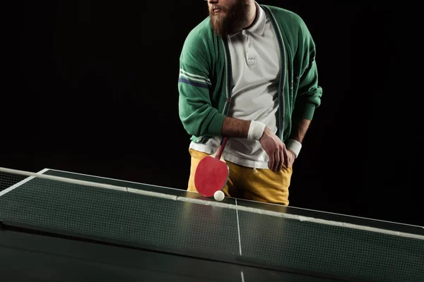 Teilansicht Eines Tennisspielers Mit Schläger Der Isoliert Auf Schwarz Der — Stockfoto