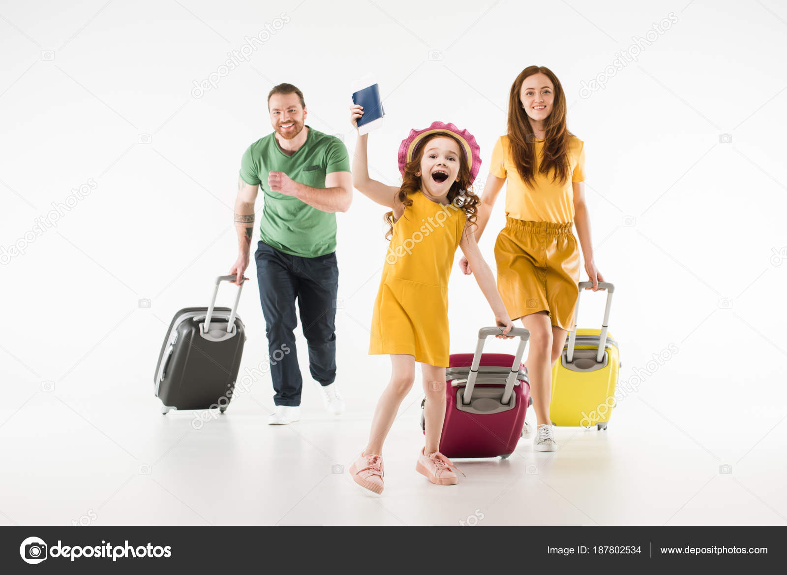 Happy Running Family Suitcases Isolated White Travel Concept Stock