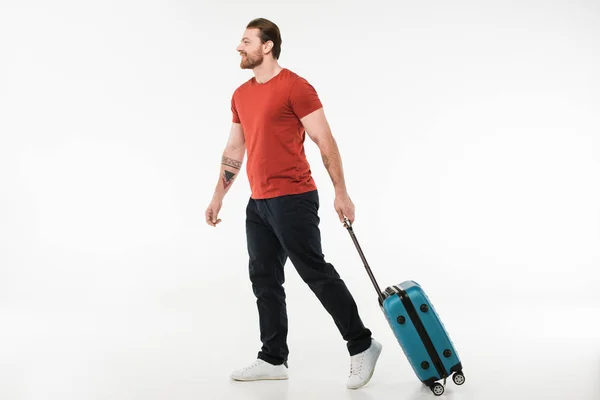 Mann Trägt Koffer Isoliert Auf Weißem Grund Reisekonzept — Stockfoto