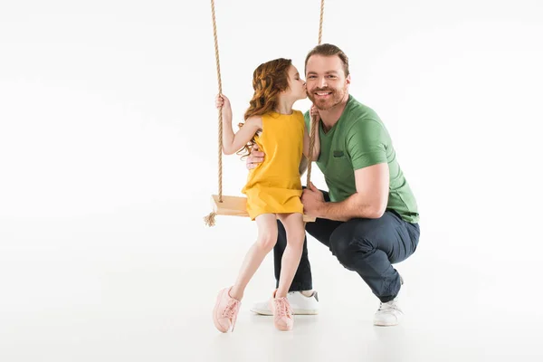 Little Kid Sitting Swing Kissing Father Isolated White — Stock Photo, Image