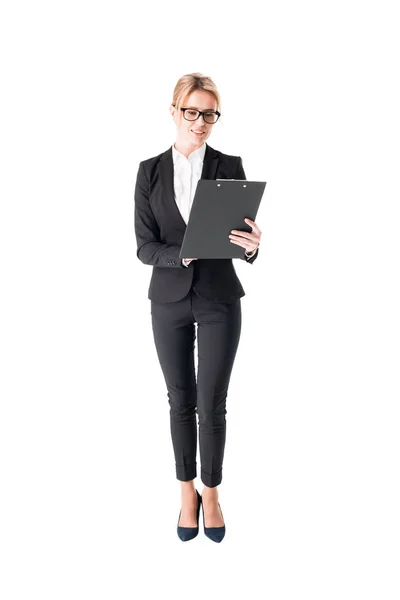 Blonde Businesswoman Looking Clipboard Isolated White — Stock Photo, Image