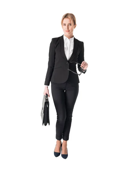 Smiling Businesswoman Holding Briefcase Glasses Isolated White — Stock Photo, Image