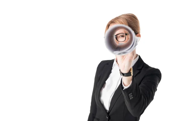 Young Businesswoman Looking Paper Tube Isolated White — Stock Photo, Image