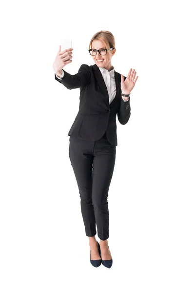 Blonde Businesswoman Glasses Waving Taking Selfie Isolated White — Stock Photo, Image