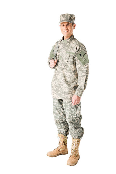 Smiling army soldier in uniform isolated on white