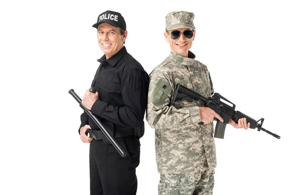 Εκπρόσωποι Των Αρχών Στρατιώτης Και Αστυνομικός Που Απομονώνονται Λευκό — Φωτογραφία Αρχείου