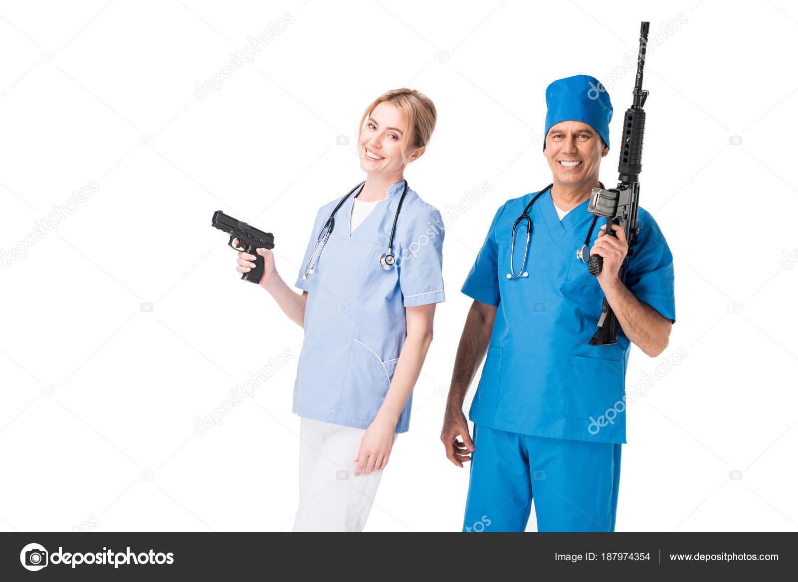 Medical Crew Nurse Doctor Uniform Guns Isolated White Stock