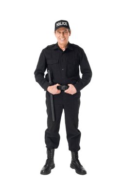 Handsome policeman wearing uniform isolated on white clipart