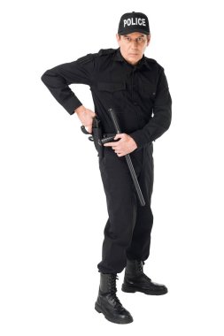 Confident policeman in uniform pulling out gun isolated on white clipart