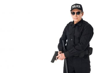 Serious policeman in sunglasses with gun isolated on white clipart