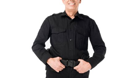 Close-up view of policeman with hands on belt isolated on white clipart