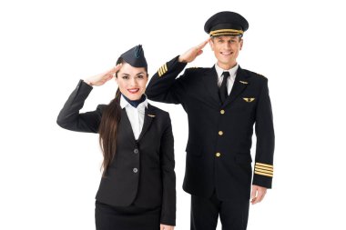 Young stewardess and pilot saluting isolated on white clipart