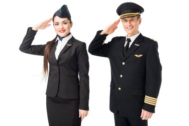 Airline captain and stewardess saluting isolated on white clipart