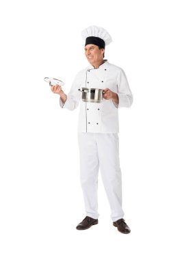 Professional cook holding pan isolated on white clipart