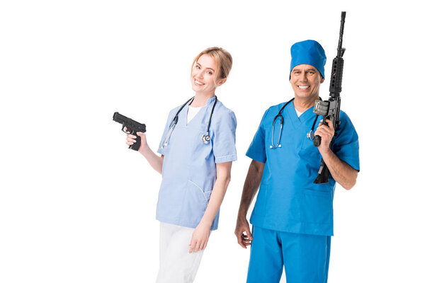 Medical crew nurse and doctor in uniform with guns isolated on white