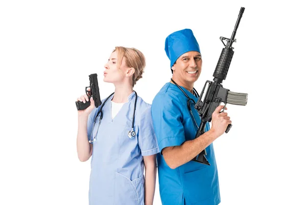 Smiling Male Doctor Nurse Guns Isolated White — Free Stock Photo