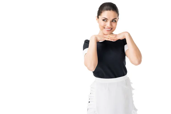 Glimlachende Meid Professionele Uniform Met Handen Door Gezicht Geïsoleerd Wit — Stockfoto