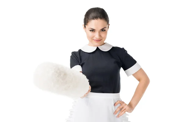 Brunette Maid Professional Uniform Holding Duster Isolated White — Stock Photo, Image