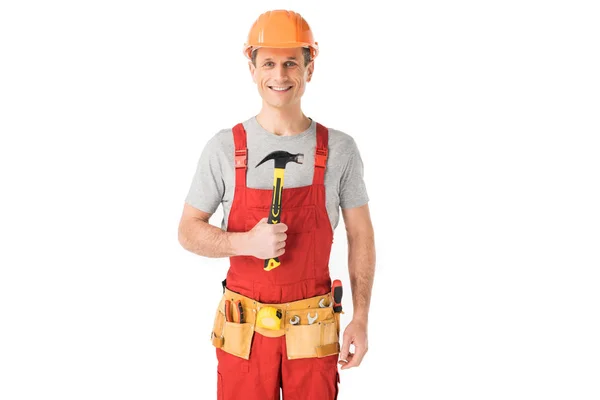 Cheerful Construction Worker Holding Hammer Isolated White — Stock Photo, Image