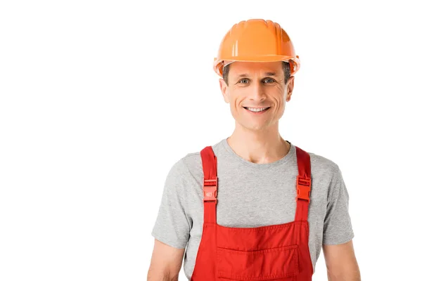 专业建设者在工作服和安全帽隔离白色 — 图库照片