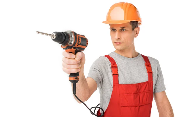 Professional Builder Overalls Hardhat Holding Drill Isolated White — Stock Photo, Image