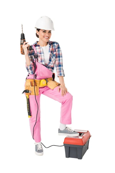 Female Construction Worker Uniform Holding Toolbox Drill Isolated White — Stock Photo, Image