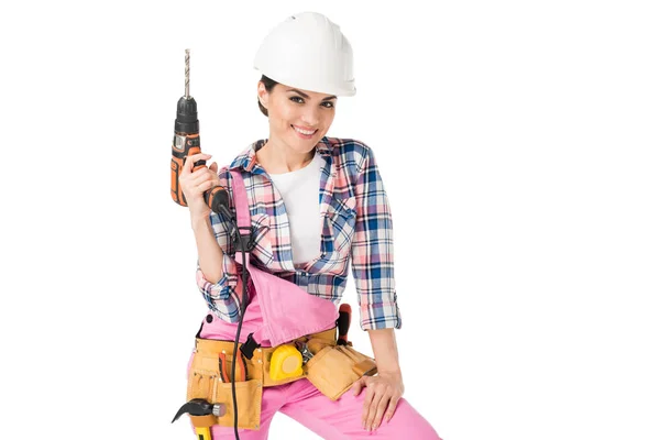 Leende Kvinna Builder Overaller Håller Borren Isolerad Vit — Stockfoto