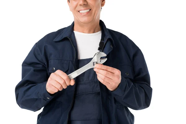 Cheerful Plumber Uniform Holding Adjustable Wrench Isolated White — Stock Photo, Image