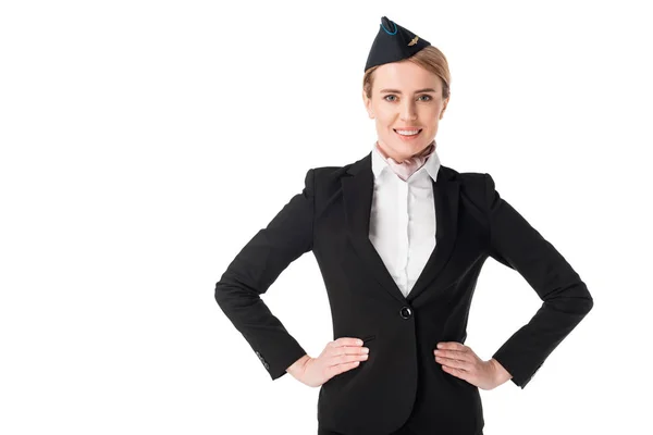 Young Female Stewardess Smiling Isolated White — Stock Photo, Image