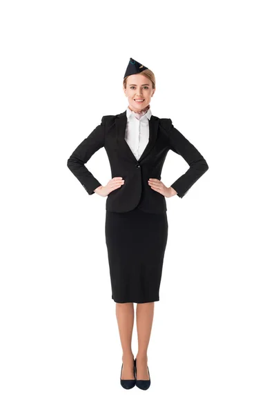 Lachende Jonge Stewardess Uniform Wit Wordt Geïsoleerd — Stockfoto