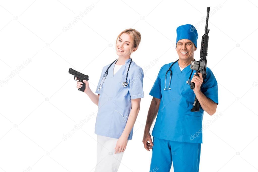 Medical crew nurse and doctor in uniform with guns isolated on white