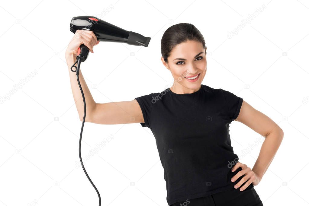 Professional hairdresser using blow dryer isolated on white
