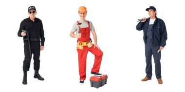 Collage with male professions policeman, builder and plumber isolated on white clipart