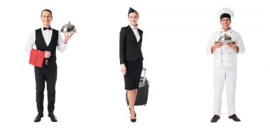 Collage with professions stewardess, chef and waiter isolated on white clipart