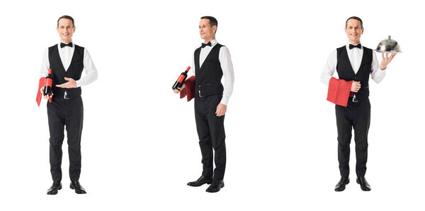 Collage with professional waiter in suit isolated on white