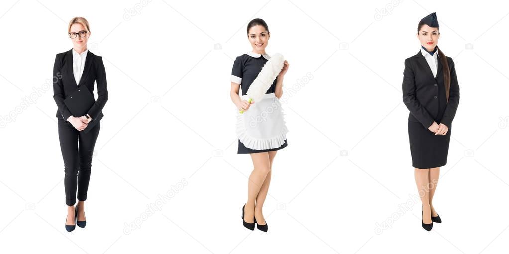 Collage with female professions maid, businesswoman and stewardess isolated on white