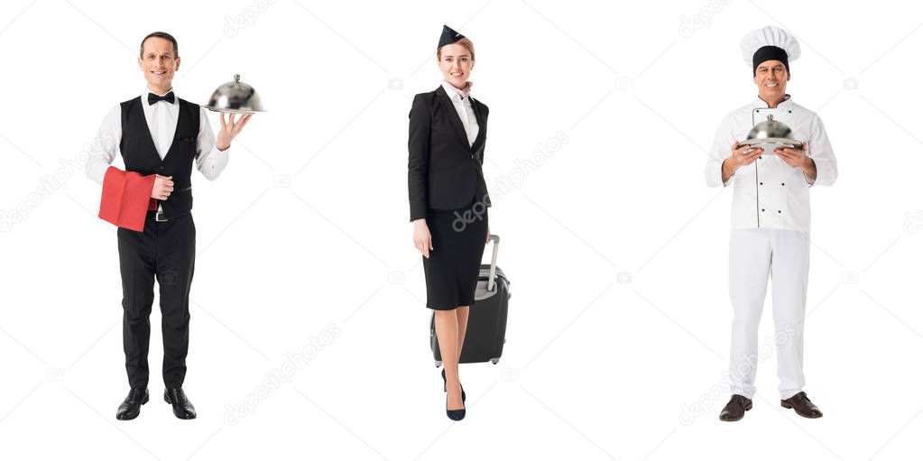 Collage with professions stewardess, chef and waiter isolated on white