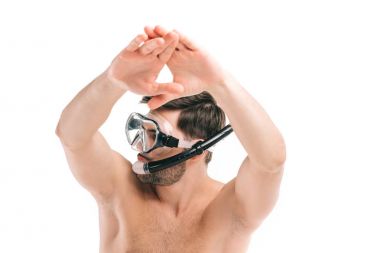 young shirtless man in diving mask swimming isolated on white  clipart