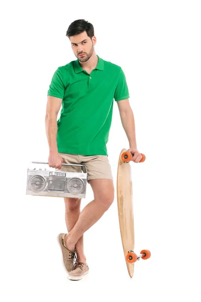 Handsome Young Man Shorts Holding Skateboard Tape Recorder Isolated White — Free Stock Photo