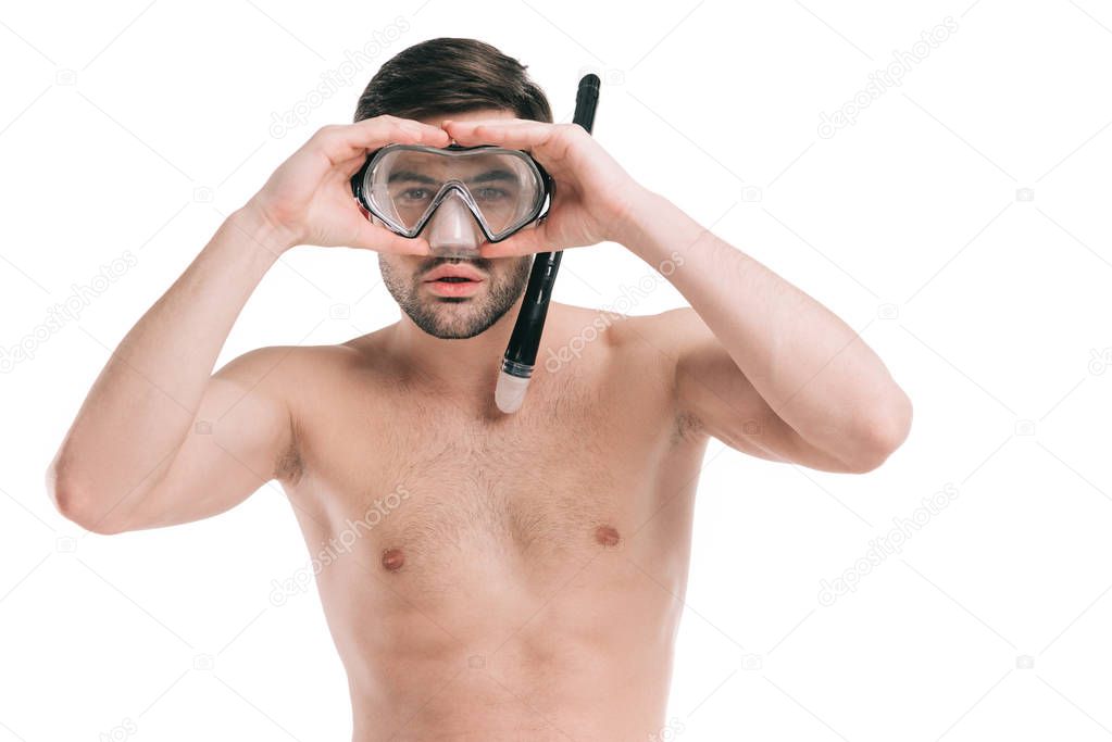 handsome shirtless young man in scuba mask looking at camera isolated on white