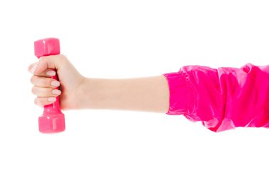 Yakından görmek pembe dumbbell beyaz izole tutan kadın