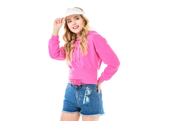 Atrakcyjna Dziewczyna Ubrana Różowy Bluza Białym Tle — Zdjęcie stockowe