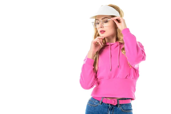 Chica Joven Con Sudadera Rosa Gafas Aisladas Blanco — Foto de stock gratis