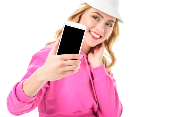 Blonde Woman Pink Clothes Tennis Cap Taking Selfie Isolated White — Free Stock Photo