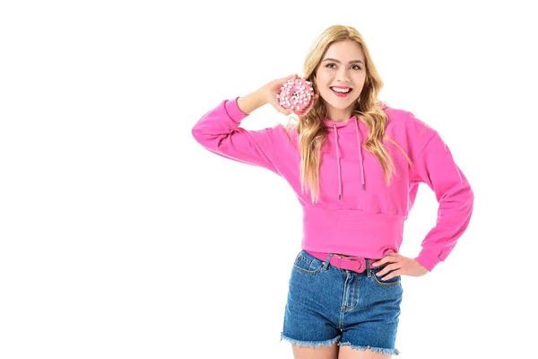 Lachende Jong Meisje Roze Donut Geïsoleerd Wit Houden — Stockfoto