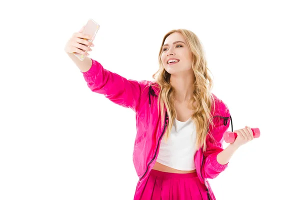 Blonde Woman Pink Clothes Holding Dumbbell Taking Selfie Isolated White — Stock Photo, Image