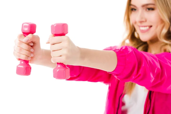 Pink Dumbbells Hands Young Girl Isolated White — Stock Photo, Image