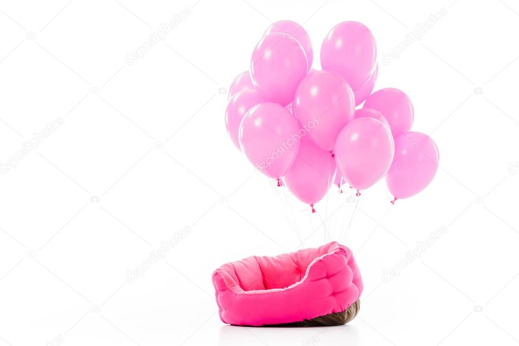 Pink pet bed with balloons isolated on white