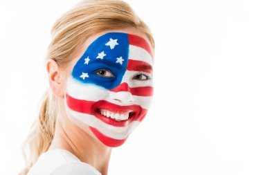 Beyaz izole ABD bayrağı makyaj ile sarışın kız